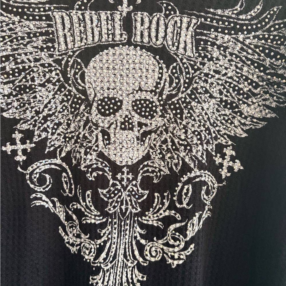 Vocal USA Rebel Rock Black Hooded Thermal Studded Wing Skull Y2K - Picture 2 of 6